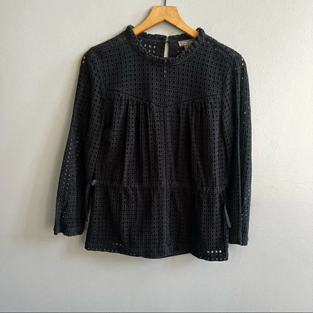 Point Sur J. Crew Black Eyelet Lace Top Long Sleeve Cinch Tie Waist 2